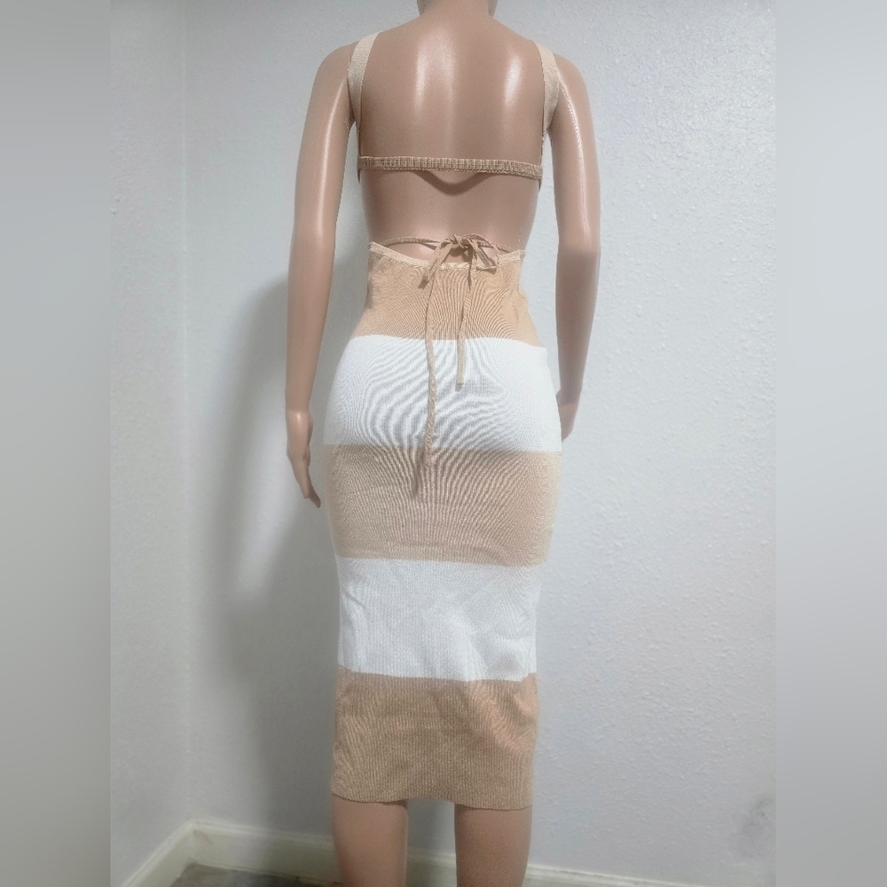 Tan and White Tie Front Pencil Skirt